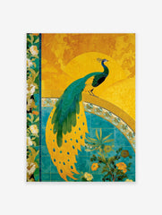 Vibrant yellow and teal peacock illustration poster with green feathers standing on a decorative arch with flowers.