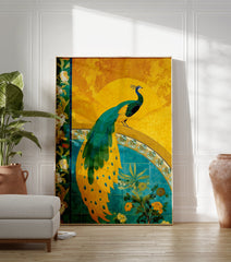 Vibrant yellow and teal peacock illustration poster with green feathers standing on a decorative arch with flowers. - Image 3