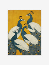 A peacock poster featuring five blue and white peacocks with fanned tails on a vibrant yellow background, in an Indian art style.