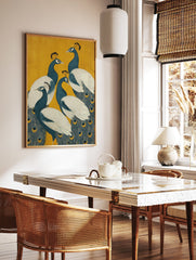A peacock poster featuring five blue and white peacocks with fanned tails on a vibrant yellow background, in an Indian art style. - Image 2