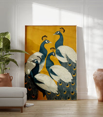A peacock poster featuring five blue and white peacocks with fanned tails on a vibrant yellow background, in an Indian art style. - Image 3
