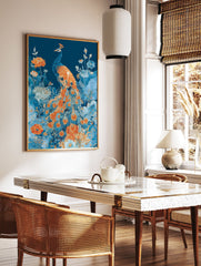 An illustrative peacock botanical poster featuring a blue and orange peacock surrounded by vibrant blue and orange flowers. - Image 2