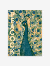 Peacock poster with vertical PEACOCK text and teal bird on green and blue feather background