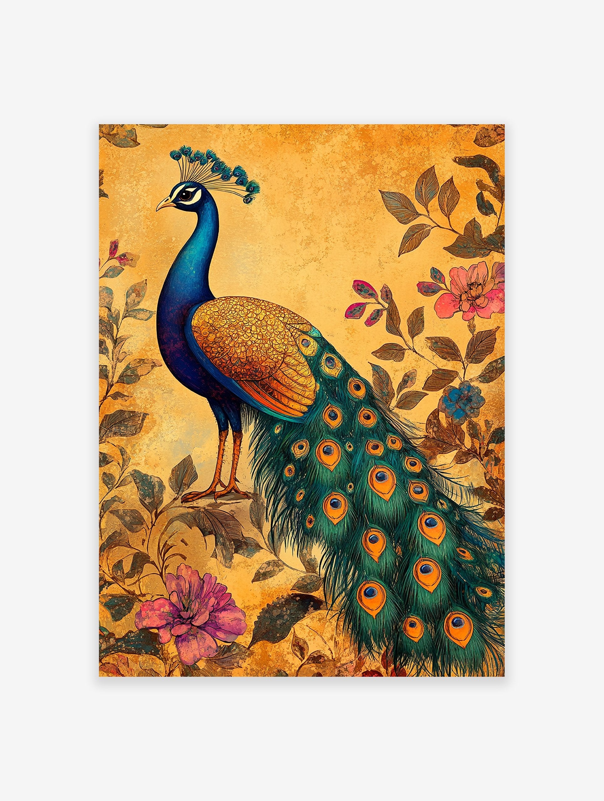 Peacock poster with blue and green plumage, gold body, and long tail feathers. Pink and blue flowers, leaves on a textured yellow background.