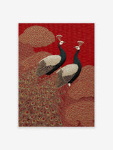 Peacock poster featuring two black and white peacocks with gold accents on a red background with intricate patterns.