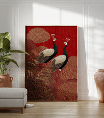 Peacock poster featuring two black and white peacocks with gold accents on a red background with intricate patterns. - Image 3