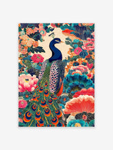 Vibrant peacock poster with intricate Japanese floral patterns in blue, pink, orange, and green on a cream background.