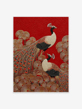Peacock poster featuring two stylized peacocks with golden feathers and black bodies on a textured red background with gold foliage.