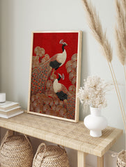 Peacock poster featuring two stylized peacocks with golden feathers and black bodies on a textured red background with gold foliage. - Image 4