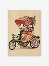 Colourful peacock rickshaw illustration with floral canopy and patterned wheels on cream background
