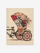 Vintage peacock rickshaw art print with floral canopy and patterned wheels