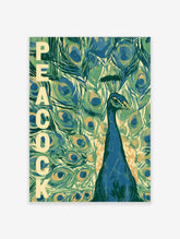 Peacock poster with blue bird and green feather pattern, vertical PEACOCK text on cream background