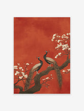 Two peacocks perch on a flowering branch with white blossoms against a textured red background in a traditional art style.