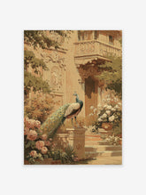 Impressionist peacock wall art painting in a classical garden with pink roses and ornate building details.