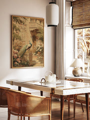 Impressionist peacock wall art painting in a classical garden with pink roses and ornate building details. - Image 2