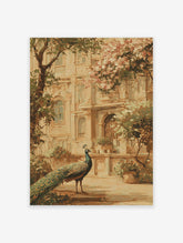 Elegant peacock wall art illustration with a long tail in front of a classical building with trees and pink flowers.