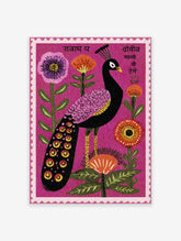 Vibrant folk art Peacock Wall Art print on a pink background with purple, orange, and red flowers.