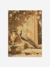 Elegant peacock standing on steps in a lush rose garden painting, with vintage-style architecture. Peacock wall art.