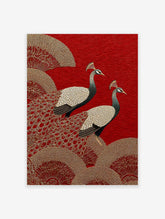 Poster of two majestic peacocks on a red background with gold Japanese fan patterns and wave motifs.