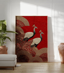 Poster of two majestic peacocks on a red background with gold Japanese fan patterns and wave motifs. - Image 3