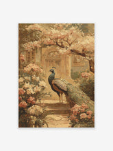 Impressionist Peacock Wall Art in a vintage garden with pink flowers and a grand house in warm, earthy tones.