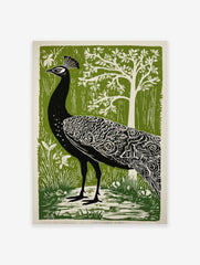 Illustrative black peacock in profile with white feather patterns against a green forest background print