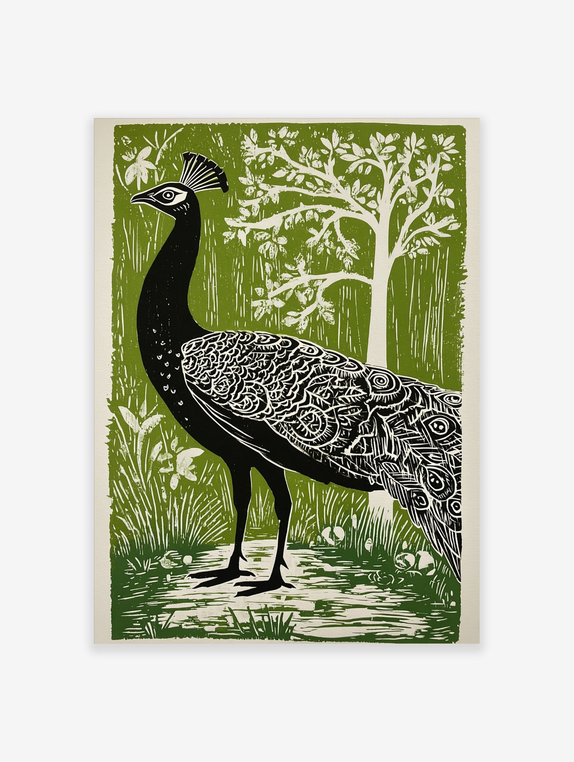 Black peacock with white feather details, green forest background, white tree, illustrative print