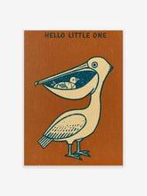 Pelican and chick block print poster with Hello Little One text on rust orange background