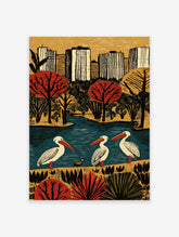Pelican bird poster with three white pelicans by a blue lake, red trees and city skyline