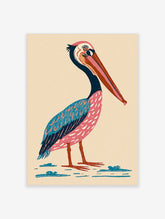 Colourful pelican illustration with pink body, teal wing, and orange beak on beige background, standing on blue water