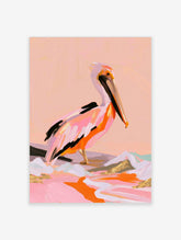 Pelican wall art print with pink, orange, and white plumage and black wings on peach background