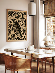 Stylized penguin and hot air balloon graphic art print with swirling patterns on a tan background, in a styled room mockup