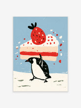 Penguin standing under a large strawberry cake slice on a blue background, quirky food art print