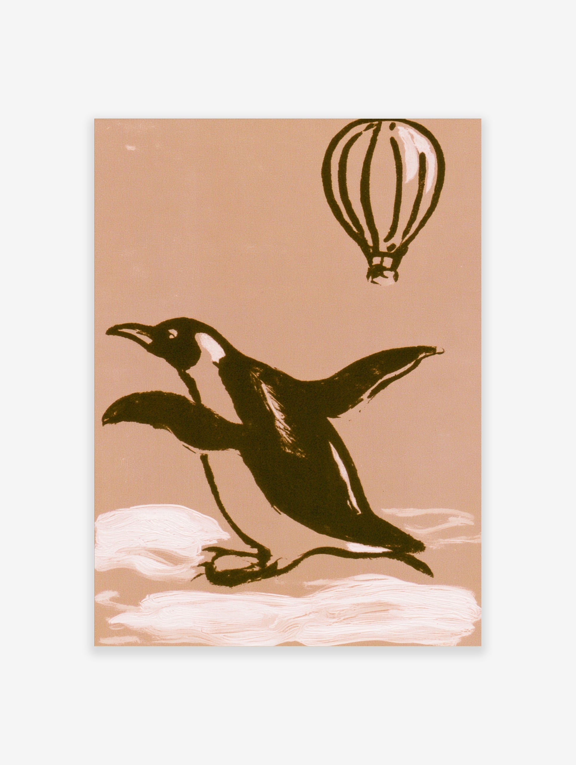 Illustrative penguin and hot air balloon art print on a warm beige background