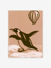 Illustrative penguin and hot air balloon art print on a warm beige background