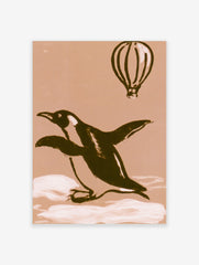 Illustrative penguin and hot air balloon art print on a warm beige background