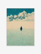Illustrative print of a penguin walking on textured ice towards snow mountains under a blue sky