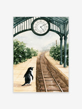 Watercolor illustration of a penguin standing on a snowy train platform under a large station clock