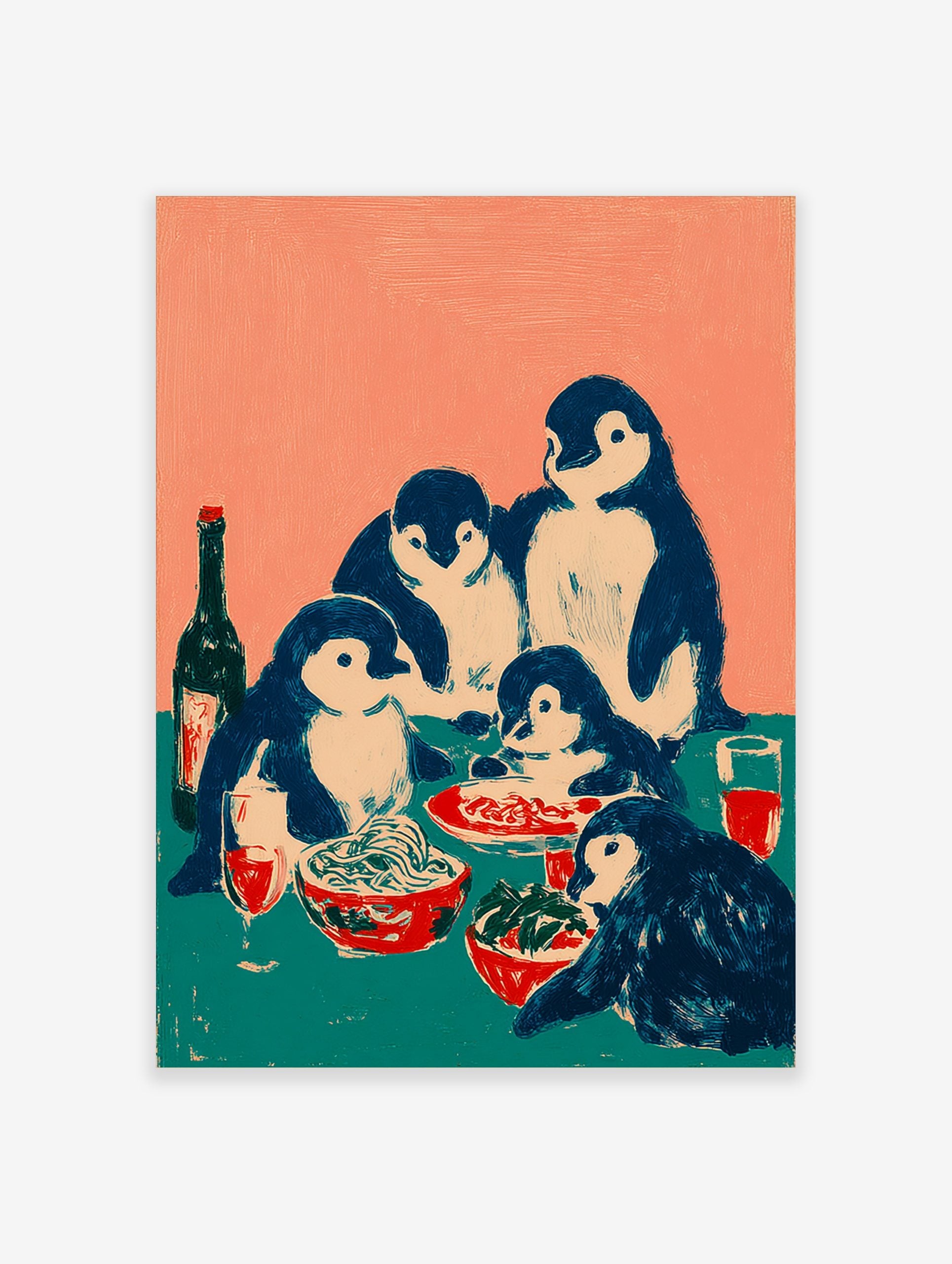 Illustrative print of five penguins having a family dinner with spaghetti, salad, and red drinks on a teal table
