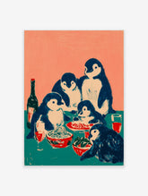 Illustrative print of five penguins having a family dinner with spaghetti, salad, and red drinks on a teal table