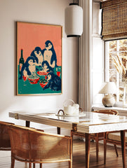 Illustrative print of five penguins having a family dinner with spaghetti, salad, and red drinks on, in a styled room mockup