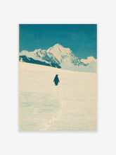 Illustrative woodcut style print of a penguin walking in snow towards mountains under a blue sky