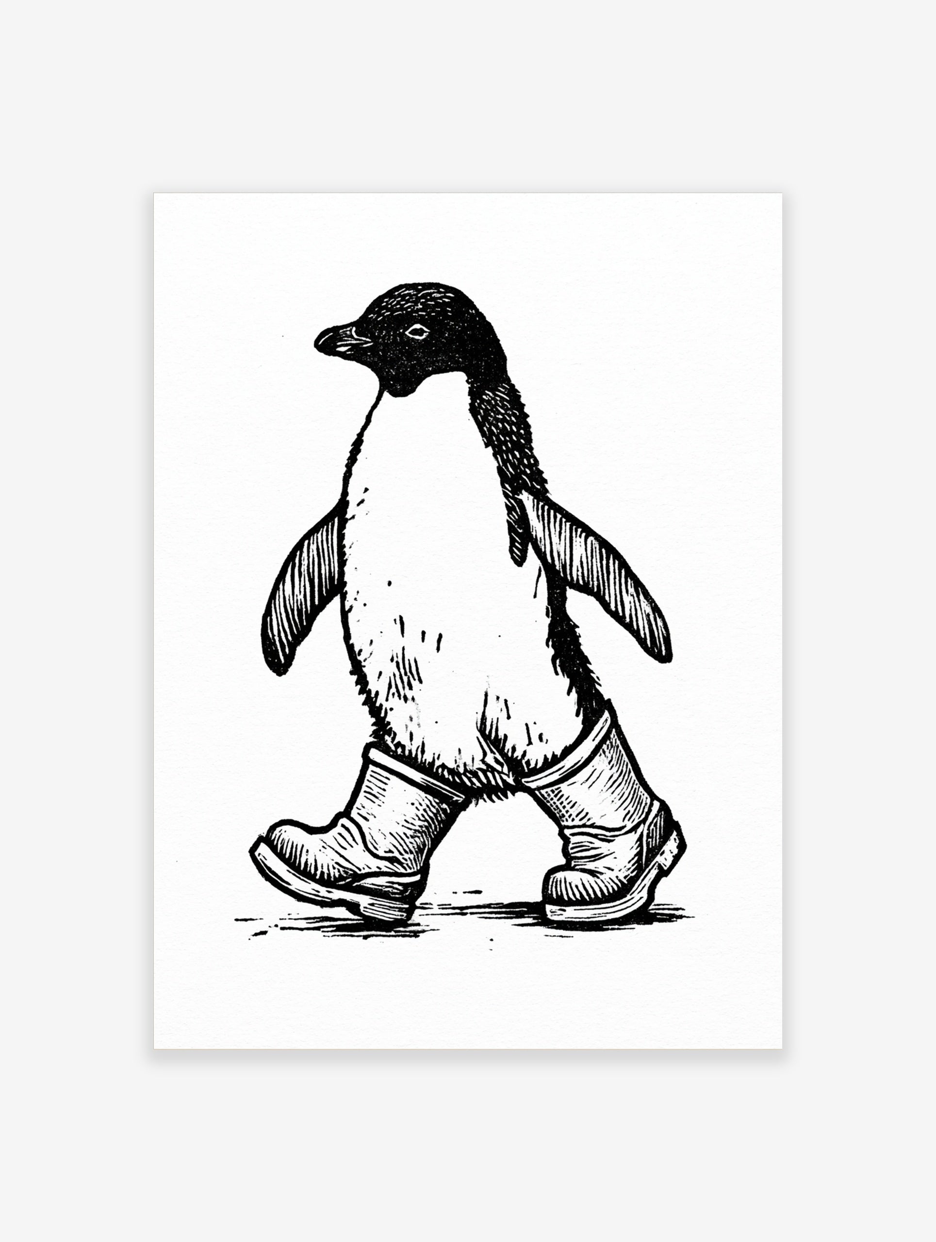 Black and white illustrative print of a penguin wearing rubber wellington boots on a plain white background