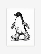 Black and white illustrative print of a penguin wearing rubber wellington boots on a plain white background