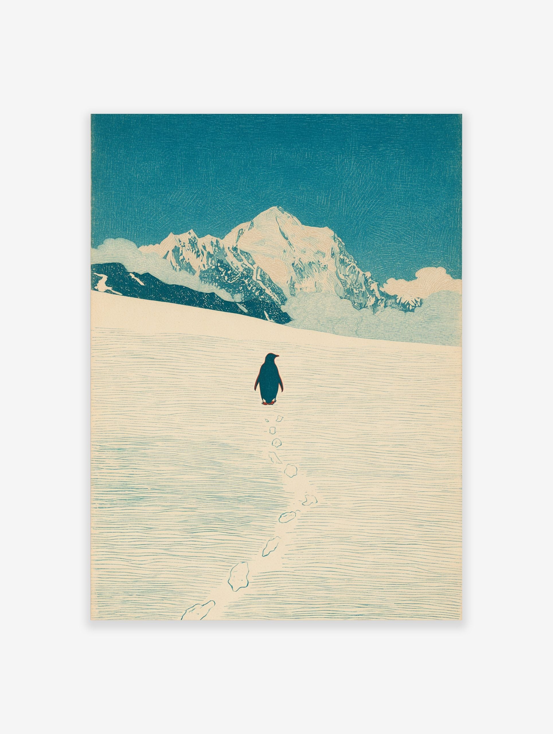 Illustrative print of a penguin walking in snow towards large, white mountains under a blue sky