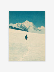 Illustrative print of a penguin walking in snow towards large, white mountains under a blue sky