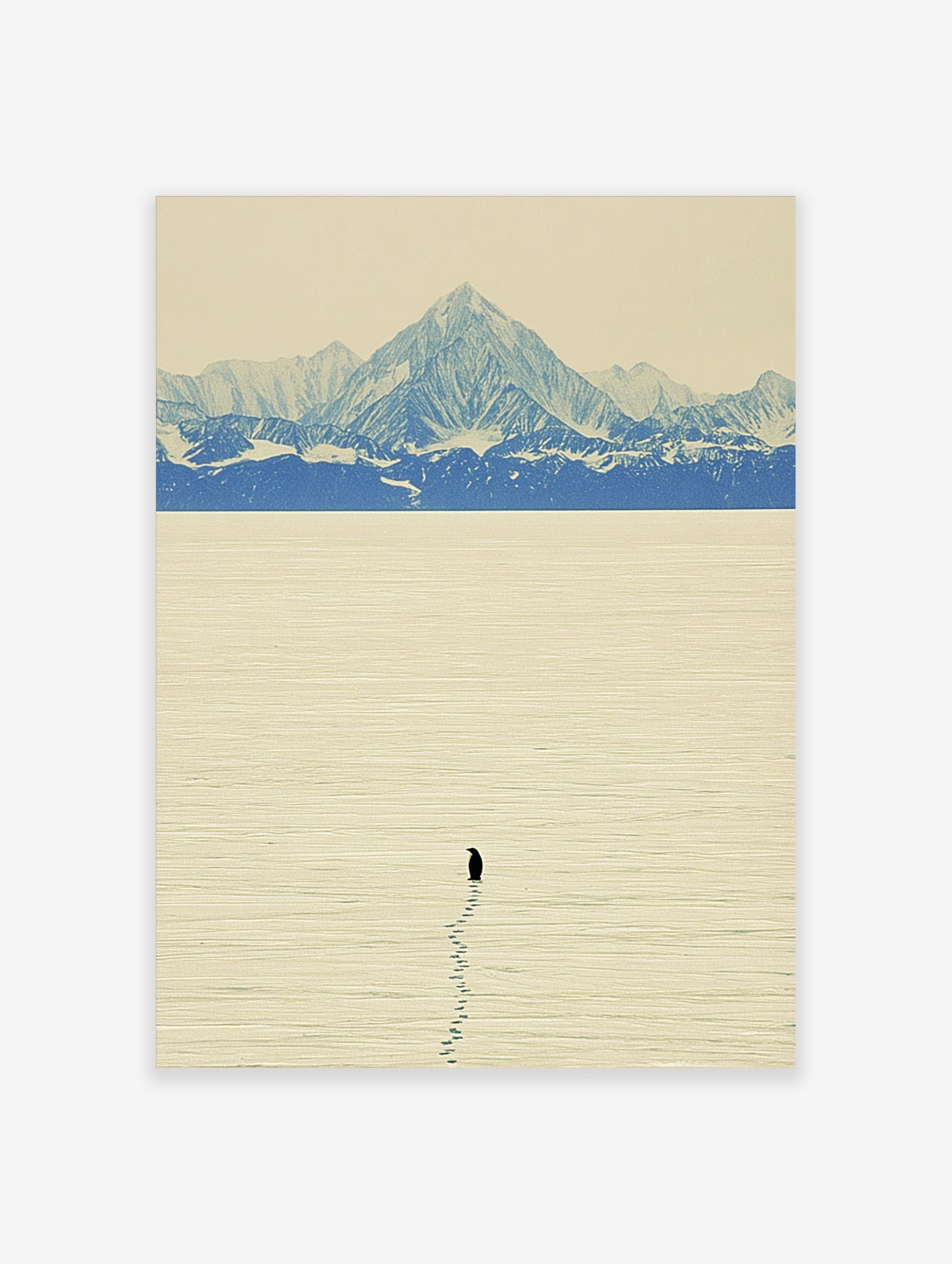 Minimalist art print of a lone black penguin on textured ice with blue and white snow mountains in background