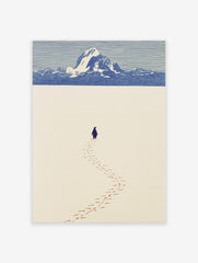 Minimalist art print of a penguin walking on a vast snow plain towards distant blue mountains under a striped sky