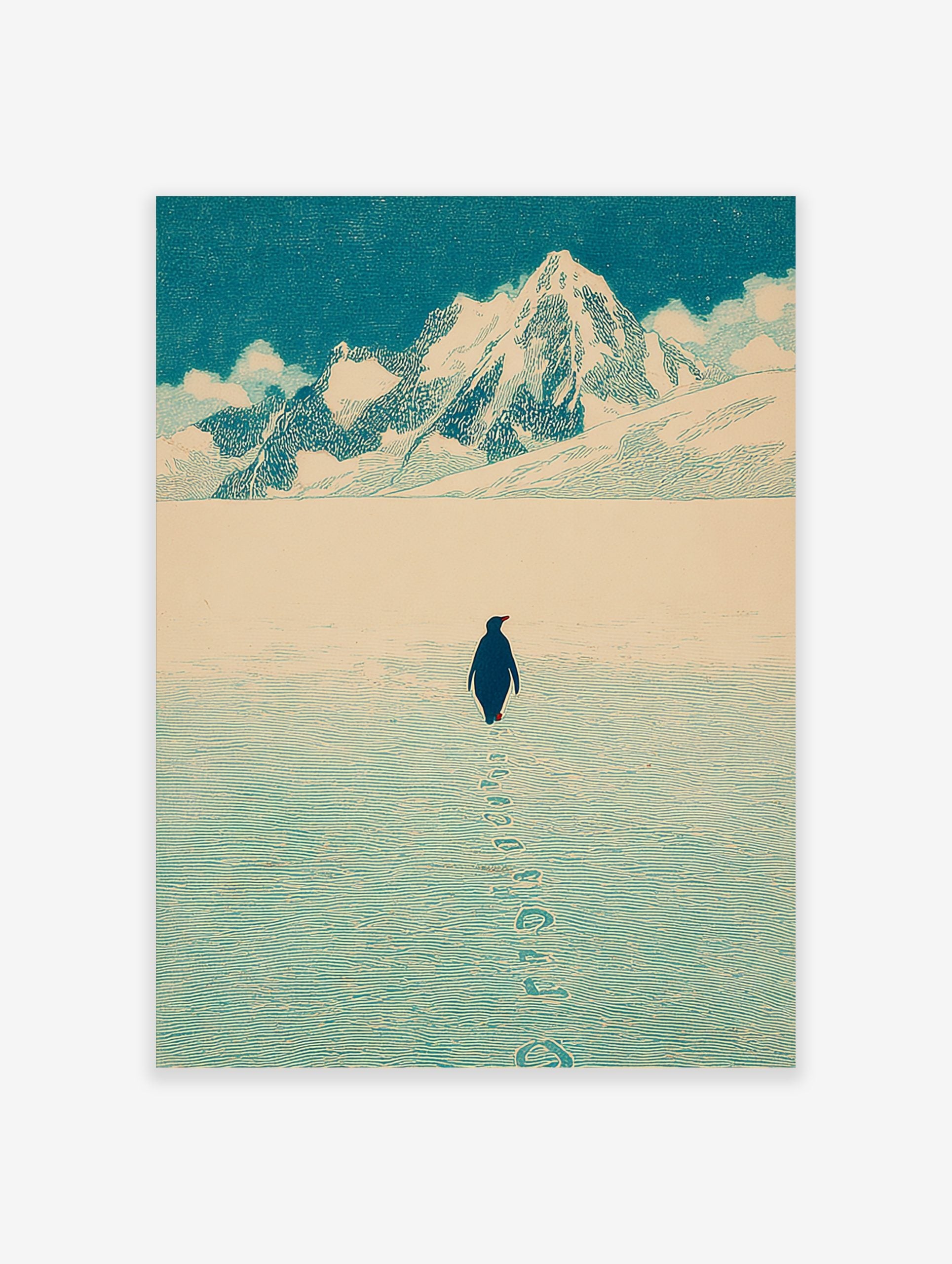 Illustrative print of a penguin walking on snow towards distant mountains under a blue sky, leaving footprints