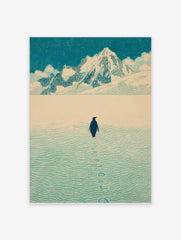 Illustrative print of a penguin walking on snow towards distant mountains under a blue sky, leaving footprints